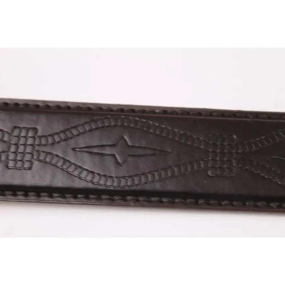 Dark Brown Tooled Leather Belt Silver Tone Buckle Western size 39